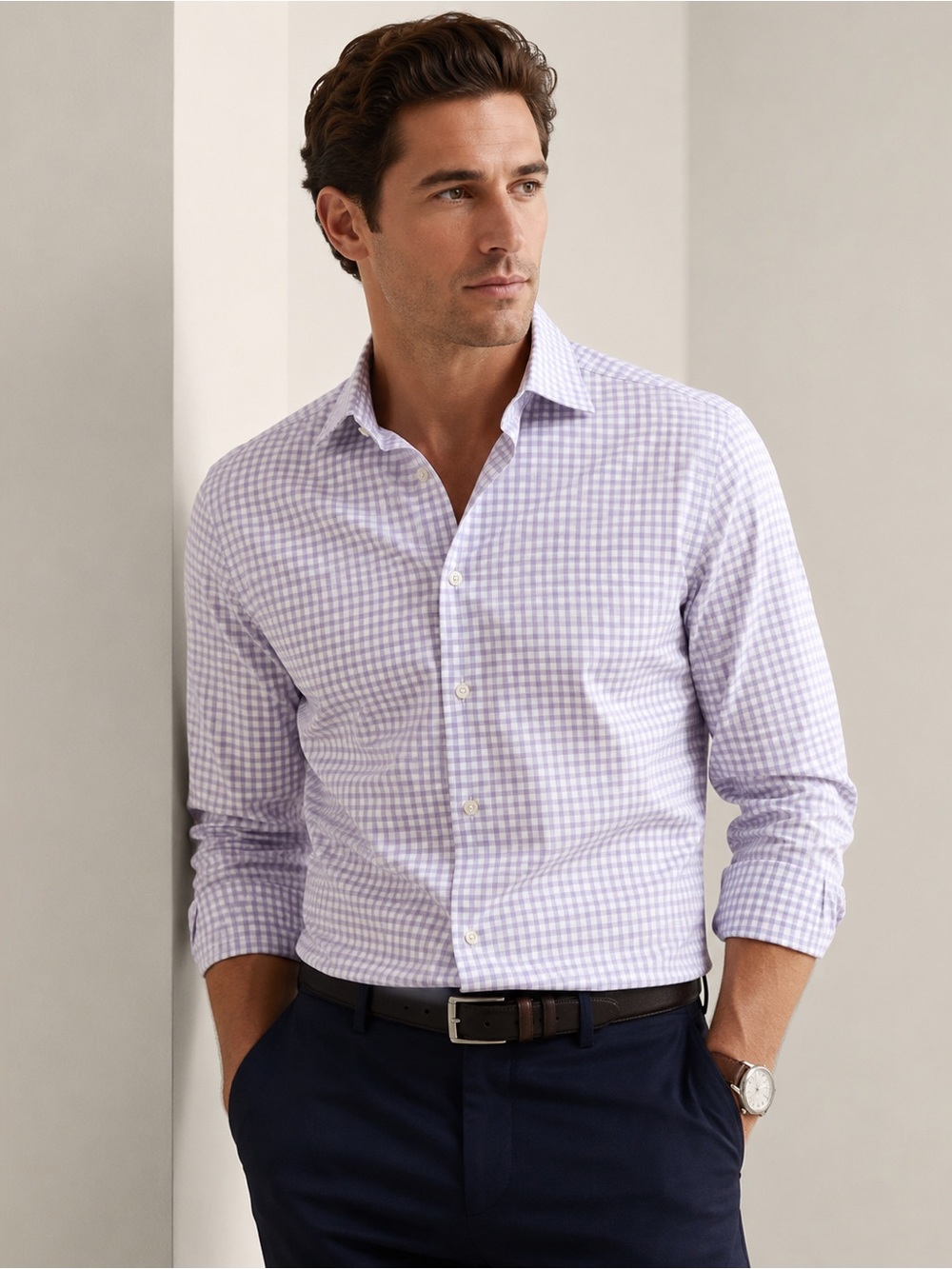 Blue and White Checkered Button-Up Shirt. Size M